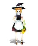  1girl apron blonde_hair braid expressionless flower hand_on_hip hat highres hips kirisame_marisa looking_at_viewer nr_(cmnrr) shadow solo touhou white_background witch witch_hat yellow_eyes 