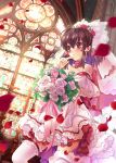  1girl bare_shoulders blurry blush bouquet brown_hair depth_of_field detached_sleeves dress dutch_angle flower hakurei_reimu headdress highres kingchenxi laces miko petals red_eyes rose solo stained_glass thighhighs touhou wedding_dress 