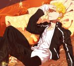  black_jacket blonde_hair casual couch fate/stay_night fate_(series) gilgamesh hali hand_on_forehead hand_to_forehead highres jacket male pillow red_eyes short_hair 