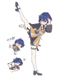  1girl 999ganmao_ling absurdres beizi_(clothing) belle_(delicate_sunlight)_(zenless_zone_zero) belle_(zenless_zone_zero) blue_hair blush chibi chinese_clothes chinese_text commentary_request full_body green_eyes hair_ornament hanfu highres long_sleeves male_focus short_hair simple_background standing standing_on_one_leg thigh-highs white_background zenless_zone_zero 