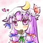  ascot bow chocolate chocolate_heart crescent hair_bow hat hat_bow heart long_hair mouth_hold natsuki_(silent_selena) patchouli_knowledge purple_eyes purple_hair solo touhou violet_eyes 