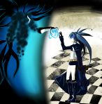  black_rock_shooter black_rock_shooter_(character) boots cape checkered checkered_floor corruptroid crossover dark_samus glowing glowing_eye highres metroid weapon wings 