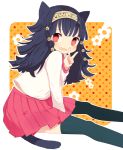  alluka_zoldyck animal_ears ayu_(mog) bad_id between_legs black_hair black_legwear blush cat_ears cat_tail character_request hair_ornament hairband hunter_x_hunter long_hair looking_at_viewer multi-tied_hair open_mouth pleated_skirt red_eyes school_uniform sitting skirt smile solo tail thigh-highs thighhighs v 