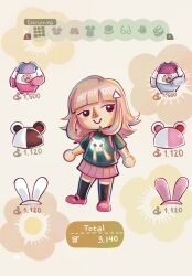  1girl animal_crossing animal_hat animal_print backpack bag bear_hat black_socks brown_hair cat_print chibi closed_mouth danganronpa_(series) danganronpa_2:_goodbye_despair english_text eyelashes full_body green_shirt hair_ornament hat highres medium_hair nanami_chiaki no_sclera non-web_source page_number pink_bag pink_shoes pink_skirt rabbit_hat shirt shoes short_sleeves sinkdraws skirt smile socks solo standing sweater triangle_hair_ornament unworn_hat unworn_headwear unworn_sweater 
