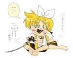  blush_stickers controller game_controller hiyo_(hiyococco) kagamine_len kagamine_rin playing_games playstation_2 short_hair shorts siblings translation_request twins vocaloid 