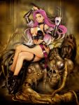  boots breasts bridal_gauntlets cleavage copyright_request crossed_legs earrings high_heels homare_(fool&#039;s_art) jewelry leather legs_crossed long_hair looking_at_viewer monster pink_hair sitting sitting_on_person whip 