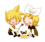  brother_and_sister cake feeding food fork happy hiyo_(hiyococco) kagamine_len kagamine_rin lowres siblings twins vocaloid 