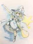  :d apron arm_up boots broom colored_pencil_(medium) hat kirisame_marisa open_mouth skirt skirt_set smile solo standing_on_one_leg star touhou traditional_media witch witch_hat yoshizo_san 