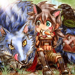  1boy animal_ears armored_boots black_gloves blush_stickers boots bread bread_slice brown_eyes brown_hair cat_boy cat_ears closed_mouth commentary_request crop_top eating fingerless_gloves food fried_egg fried_egg_on_toast full_body gloves grass green_eyes grey_shorts heterochromia looking_to_the_side lowres male_focus medium_hair midriff navel ragnarok_online ranger_(ragnarok_online) red_scarf scarf shorts sitting smile solo toast wolf yukimushi 