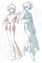  2boys ahoge capelet closed_mouth coat full_body hair_over_one_eye hand_on_own_arm harada_minoru high_heels highres jacket long_sleeves male_focus multiple_boys multiple_monochrome one_eye_closed open_clothes open_jacket open_mouth pants saibou_shinkyoku short_hair sketch smile utsugi100days utsugi_noriyuki 