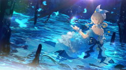  1girl back_bow bare_shoulders beads beret blonde_hair blue_bow blue_choker blue_dress blue_sky blue_wrist_cuffs bow brown_eyes bubble_print bubbly_voyage_(infinity_nikki) chinese_commentary choker closed_mouth commentary_request cross-laced_clothes cross-laced_dress detached_sleeves dress expressionless eyelashes frilled_choker frilled_dress frilled_wrist_cuffs frills full_body hair_rings hat hat_bow hat_ornament highres infinity_nikki lake light_particles looking_at_another medium_dress night nikki_(series) pillar pleated_skirt short_hair_with_long_locks short_sleeves sitting sketch skirt sky solo sparkle star_(symbol) star_hat_ornament strapless strapless_dress striped_clothes striped_dress tidsean vertical-striped_clothes vertical-striped_dress white_hat wrist_cuffs 
