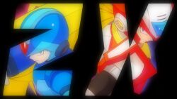  2boys arm_cannon armor blonde_hair blue_armor blue_eyes blue_helmet chest_jewel clenched_hands energy_sword forehead_jewel gloves glowing green_eyes helmet holding holding_sword holding_weapon jewelry long_hair looking_at_viewer male_focus mega_man_(series) mega_man_x_(series) multiple_boys no-rishio ponytail red_armor red_helmet serious shoulder_armor sword twitter_username two_side_up very_long_hair weapon white_gloves x_(mega_man) z_saber zero_(mega_man) 