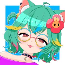  ahoge artw4ffle blonde_hair blue_hair cat_ears cat_girl glasses green_hair hair_ornament multicolored_hair piercing pink_shirt red_eyes red_hair rosedoodle rosedoodle_(vtuber) vtuber vtuberfanart 