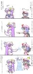  2girls 4koma :&lt; arms_up ascot book bow chibi closed_eyes comic crescent danmaku dress eyes_closed fang hair_bow hands_on_own_chest hat hat_bow hat_ribbon highres holding holding_book long_hair multiple_girls musical_note natsuki_(silent_selena) open_book outstretched_arms patchouli_knowledge pointing purple_eyes purple_hair reading red_eyes remilia_scarlet ribbon side standing sweatdrop the_embodiment_of_scarlet_devil touhou translation_request violet_eyes water |_| 