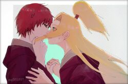 2boys anger_vein angry asymmetrical_bangs blonde_hair blue_eyes blush border deidara_(naruto) dotted_background edo_tensei eyeliner face-to-face grabbing_another's_hair hair_over_one_eye high_ponytail highres holding_hands imminent_kiss implied_yaoi long_hair makeup male_focus miomu4 multiple_boys naruto_(series) naruto_shippuuden ponytail red_eyes red_hair robe short_hair simple_background surprised sweatdrop white_border yaoi