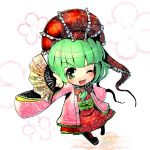  absurdres boots bow chibi fan flower front_ponytail green_eyes green_hair hair_bow hair_ornament hair_ribbon highres japanese_clothes kagiyama_hina long_hair looking_at_viewer open_mouth ribbon simple_background smile solo touhou umigarasu_(kitsune1963) white_background wink 