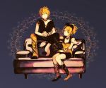  1girl alternate_hairstyle bare_shoulders blonde_hair blue_eyes couch frown grin hair_ornament hair_ribbon hairclip hands_clasped kagamine_len kagamine_rin looking_at_viewer ribbon shoes short_hair siblings smile tsuyuxxx twins vocaloid 