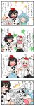  &gt;_&lt; 4koma ? ahoge animal_ears aqua_hair bare_shoulders black_hair blush clenched_teeth closed_eyes comic crying crying_with_eyes_open detached_sleeves hand_on_hip hands_in_sleeves hat heart heterochromia highres holding inubashiri_momiji laughing lying midriff navel newspaper on_stomach open_mouth outstretched_arms ribbon shameimaru_aya short_hair sleeves_past_wrists solid_circle_eyes sweatdrop tail tatara_kogasa tears tokin_hat touhou translated translation_request umbrella white_hair wings wolf_ears wolf_tail yuzuna99 