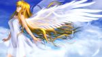  angel_wings blonde_hair blue_eyes breasts cloud dress feathers hair_down hair_ribbon highres kamio_misuzu kawakami_tomoko long_hair looking_up mutsuki_(moonknives) ribbon sky smile sundress wings 