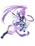  ahoge blue_hair boots highres japanese_clothes kamui_gakupo katana long_hair male monq ponytail purple_hair simple_background smile solo sword very_long_hair vocaloid weapon 