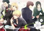  4boys ahoge black_gloves black_hair blonde_hair bracelet brown_eyes brown_hair chocolates cookie eating fate/zero fate_(series) food formal futaba_hazuki gilgamesh gloves green_eyes green_hair jewelry kotomine_kirei lancer_(fate/zero) long_hair mapo_doufu multiple_boys necklace necktie pant_suit pocky ponytail red_eyes saber suit waver_velvet yellow_eyes 