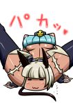    :3 =_= absurdres animal_ears arm_support bangs bare_shoulders bell belt black_legwear blunt_bangs blush blush_stickers bob_cut breasts buckle cat_ears cat_tail collar dark_skin fang fingerless_gloves gloves headless highres leaning_back midriff mister_x_(shojinn) ms._fortune_(skullgirls) nadia_fortune navel scar severed_head shiny shiny_clothes shiny_skin short_hair sitting skullgirls smile solo spread_legs tail tank_top thighhighs torn_clothes translation_request underboob white_hair 