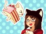  &gt;_&lt; :d animal_ears brown_eyes brown_hair cake cat cat_ears food glasses highres holding mike_inel mouse open_mouth original slice_of_cake smile solo 