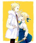  blonde_hair blue_eyes braid chewing coat dress earrings fate/stay_night fate_(series) gilgamesh hair_bun height_difference jewelry mooche red_eyes saber shinai sword weapon 