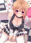  blush breasts brown_hair checkered checkered_floor cleavage computer frilled_skirt glasses heart iphone jewelry laptop large_breasts meme_(meropan) meropan mole mole_on_breast necklace original phone purple_eyes ribbon short_hair sitting smile solo stuffed_animal stuffed_toy teddy_bear thigh-highs thighhighs violet_eyes wariza white_legwear 
