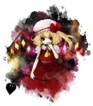  1st-mn ascot blonde_hair bow crystal dress flandre_scarlet hand_to_mouth hat hat_bow red_dress red_eyes smile solo the_embodiment_of_scarlet_devil touhou wings 