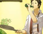  adachi_tooru alchohol alcohol brown_eyes brown_hair cabbage casual cooking drinking food formal formal_clothes frying_pan looking_away male nazgullow necktie open_clothes open_shirt persona persona_4 sleeves_rolled_up solo unbuttoned unbuttoned_shirt 