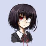  another black_hair bob_cut bust eyepatch looking_at_viewer misaki_mei pas_(paxiti) red_eyes ribbon short_hair simple_background solo 
