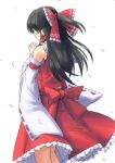  arms_up black_hair bow closed_eyes detached_sleeves eyes_closed hair_bow hair_tubes hakurei_reimu hands_clasped long_sleeves miko petals ponytail praying shirt skirt skirt_set solo touhou vent_arbre 