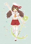  1st-mn :3 :d anchor beret brown_hair flower green_eyes hat hat_flower long_hair navel open_mouth original shorts smile solo star thigh-highs thighhighs twintails waving 