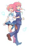  1girl blue_eyes dual_persona gakuran genderswap inazuma_eleven inazuma_eleven_(series) inazuma_eleven_go itsukino kirino_ranmaru long_hair mars_symbol open_mouth pink_hair school_uniform skirt twintails venus_symbol 