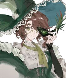  1girl :3 brown_hair green_eyes green_hat green_mask hand_up hat highres holding holding_mask kakania_(reverse:1999) lace-trimmed_headwear lace_trim long_hair looking_at_viewer mask masquerade_mask monocle official_alternate_costume rang_wo_zai_shui_10_fenzhong reverse:1999 shirt solo unworn_mask upper_body white_background white_shirt witch_hat 