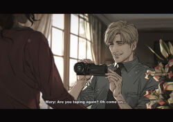  1boy 1girl absurdres black_necktie brown_hair curtains digital_camera english_text flower grey_shirt grin head_out_of_frame hetero highres husband_and_wife james_sunderland letterboxed light_particles mary_shepherd-sunderland necktie nyeigneous orchid shirt sideburns silent_hill_(series) silent_hill_2 smile subtitled window 