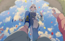  1girl ahoge animal_ears blue_eyes blue_jacket blue_pants blue_shoes blue_sky brown_sweater clouds cloudy_sky confetti different_reflection grey_hair grey_shorts hair_ornament hashtag-only_commentary highres horse_ears horse_girl horse_tail jacket kasamatsu_tracen_training_uniform long_sleeves looking_down mochi_(m0chi0000) oguri_cap_(umamusume) outdoors pants parted_lips pov reflection shoes shorts sky sneakers socks solo sweater tail track_jacket track_pants track_suit umamusume umamusume:_cinderella_gray white_hair 