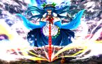 black_gloves blue_hair boots bow electricity fingerless_gloves food fruit gloves hat highres hinanawi_tenshi lightning long_hair long_skirt nekominase peach planted_sword planted_weapon red_eyes shirt skirt solo sword sword_of_hisou touhou weapon wind