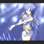  belt blue_hair cross cross_necklace highres idolmaster jewelry kisaragi_chihaya letterboxed long_hair microphone midriff necklace open_mouth outstretched_arm singing skirt solo tears wrist_cuffs yatufusa1 