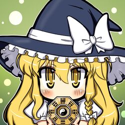  ba_gua blonde_hair blush bow braid covering covering_face covering_mouth eruru_(erl) eruru_(pixiv356391) face hair_bow hat highres kirisame_marisa long_hair mini-hakkero side_braid single_braid solo touhou trigram witch witch_hat yellow_eyes yin_yang 