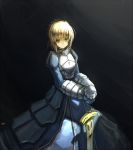  ahoge armor armored_dress blonde_hair dress excalibur fate/stay_night fate_(series) gauntlets green_eyes hair_ribbon hands_on_hilt planted_sword planted_weapon ribbon saber solo stk sword weapon 
