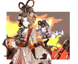  1girl aaayamitsu bird blue_eyes brown_hair chain chicken closed_mouth cowboy_shot dress fire flower flower-trimmed_dress hair_flower hair_ornament highres indicant's_trial_(e.g.o) limbus_company long_sleeves low_ponytail parted_bangs ponytail project_moon red_flower red_ribbon red_rose ribbon rodion_(project_moon) rose sidelocks smile white_dress white_flower white_rose 