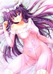    alternate_costume alternate_hairstyle bare_shoulders breasts campbell_(pixiv) collarbone crescent hat large_breasts long_hair lying mound_of_venus nightgown off_shoulder on_back patchouli_knowledge purple_eyes purple_hair see-through solo touhou very_long_hair violet_eyes 