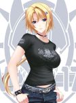  1girl belt blonde_hair bracelet choker ellen_aice english fashion female hair_ornament hairclip insignia jeans jewelry military miyata_sou muvluv muvluv_alternative necklace pants purple_eyes shirt short_hair solo thumbs_in_pockets 