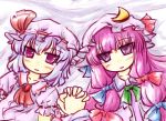  ascot blue_hair blush bow crescent hair_bow hand_holding hat hat_bow hat_ribbon highres holding_hands long_hair lying multiple_girls natsuki_(silent_selena) on_back patchouli_knowledge pink_eyes pink_hair purple_eyes remilia_scarlet ribbon smile the_embodiment_of_scarlet_devil touhou violet_eyes 