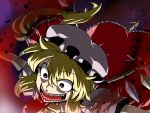  ascot blonde_hair crazy_eyes flandre_scarlet hair_ribbon hat highres outstretched_arms red_eyes ribbon sharp_teeth short_hair side_ponytail skirt solo the_embodiment_of_scarlet_devil touhou tsuki_wani wings 