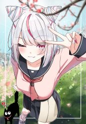  1girl absurdres black_sailor_collar blue_hair blush cat closed_mouth fake_horns fang grey_hair hair_horns hana_s highres horns long_sleeves looking_at_viewer multicolored_hair neckerchief one_eye_closed original outdoors pink_eyes pink_shirt red_hair red_neckerchief sailor_collar school_uniform shirt shoes skirt socks solo streaked_hair v white_socks 