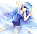  blue_hair food fruit hinanawi_tenshi long_hair lying milfy_oira on_back partially_submerged peach red_eyes school_swimsuit solo swimsuit touhou water 