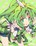  bent_over cure_march green green_eyes green_hair hair_tussle hashiko_(pecopom) long_hair looking_at_viewer midorikawa_nao precure shorts_under_skirt smile_precure! solo 